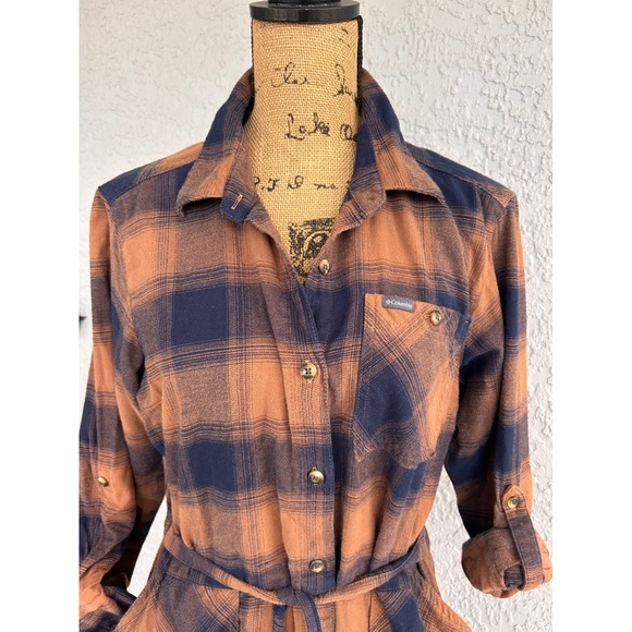 Columbia Womens Large Flannel Shirt Dress Long Sleeve Button Up Plaid Brown Blue - Picture 1 of 7
